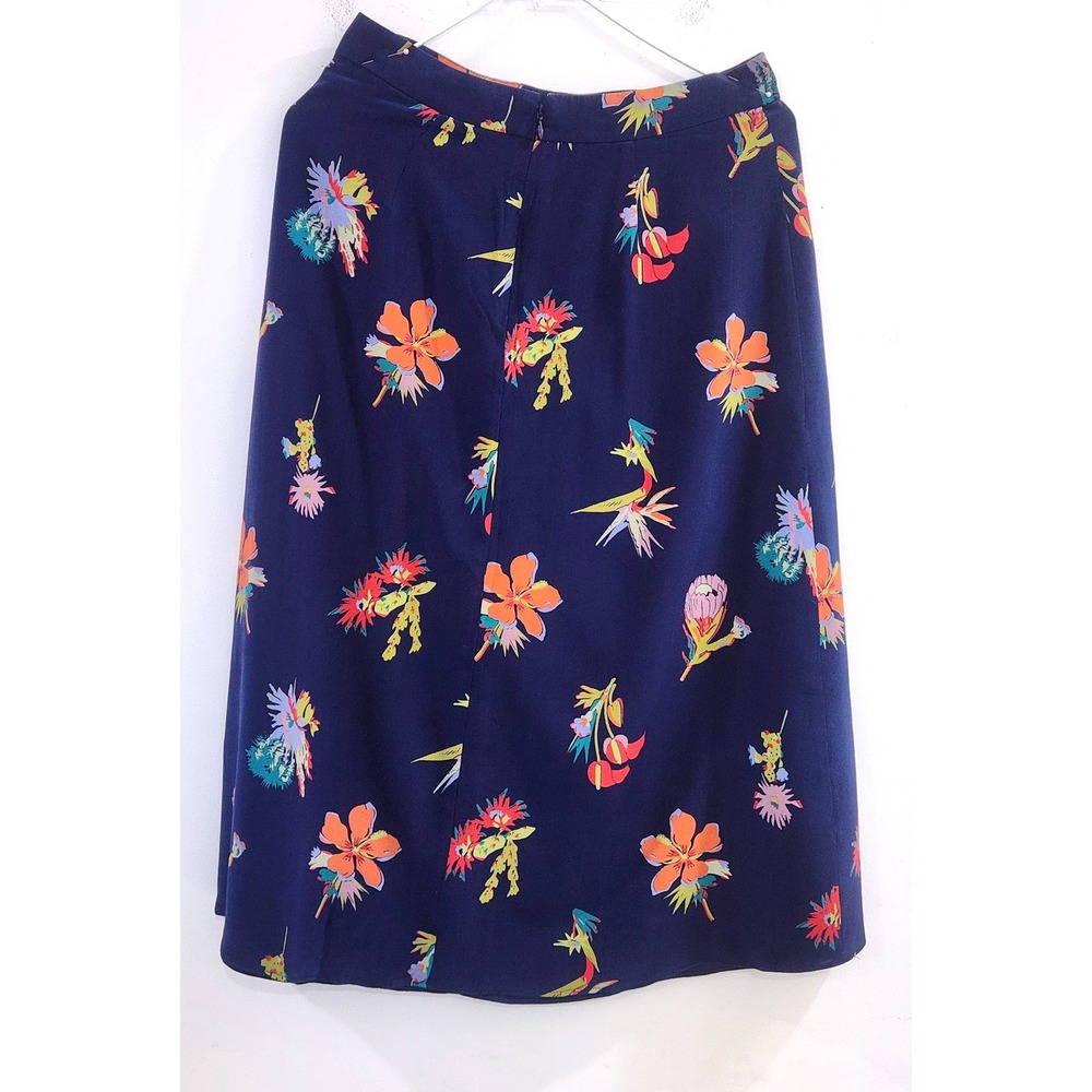 Madewell Navy Blue Tropical Floral Silk Midi Skirt Size 2 Bird of Paradise Hibis